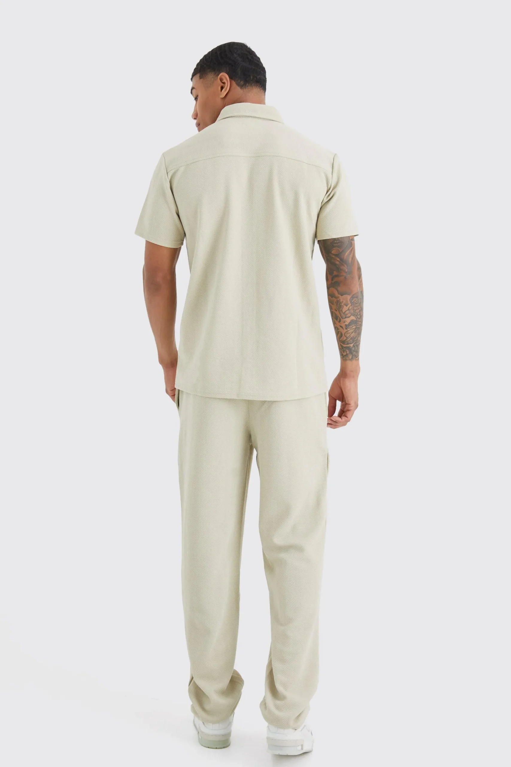 boohooMAN Short Sleeve Jersey Herringbone Shirt And Trouser Set | UK| Sets & Co-Ords