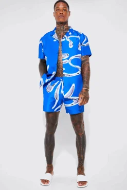 boohooMAN Short Sleeve Metallic Swirl Shirt And Swim Short | UK| Sets & Co-Ords
