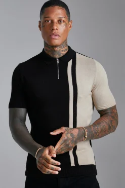Short Sleeve Muscle Fit Colour Block Knit Polo | UK^boohooMAN Hot