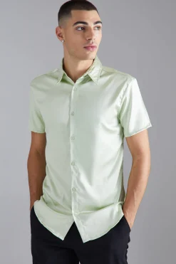 boohooMAN Short Sleeve Muscle Fit Stretch Satin Shirt | UK| Shirts