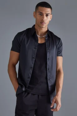 boohooMAN Short Sleeve Muscle Fit Stretch Satin Shirt | UK| Shirts