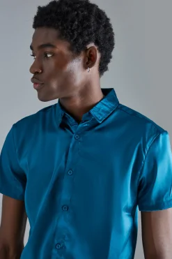 boohooMAN Short Sleeve Muscle Satin Shirt | UK| Shirts