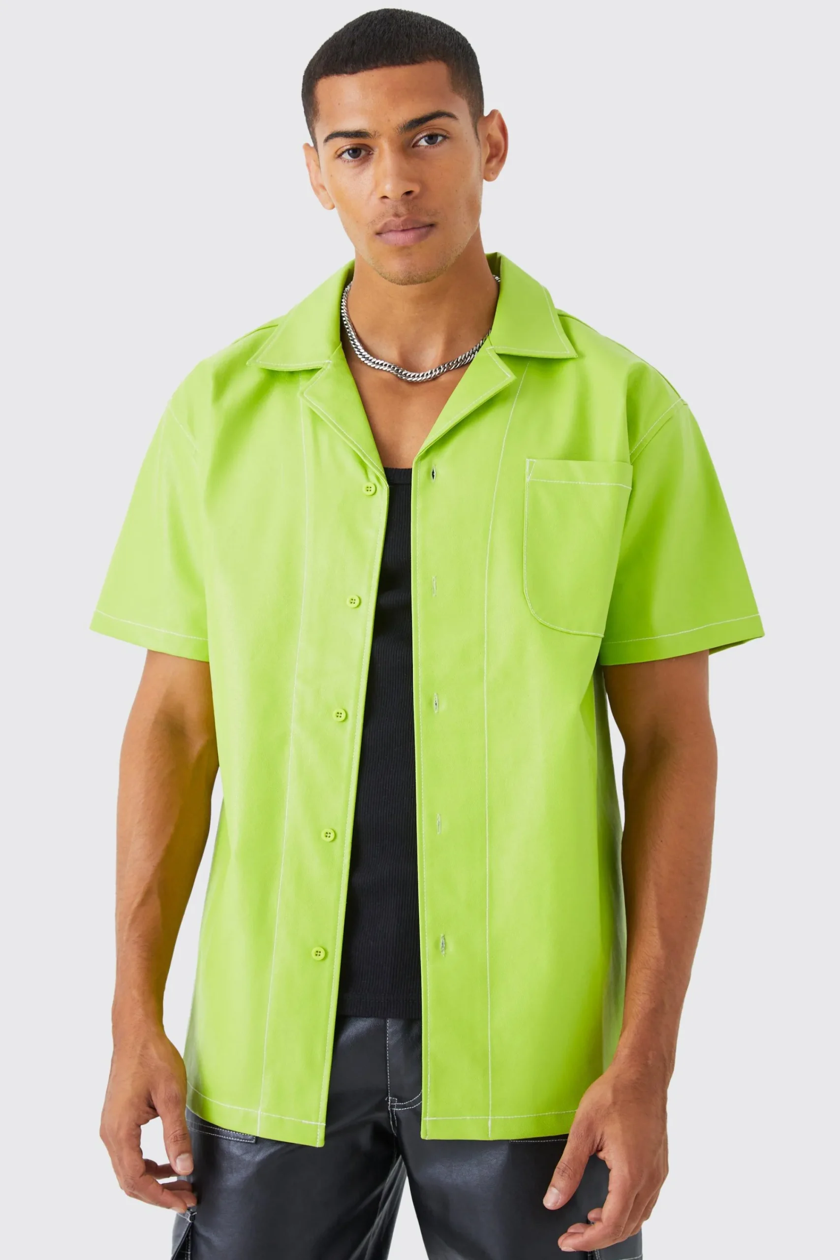 boohooMAN Short Sleeve Oversized Contrast Stitch Pu Shirt | UK| Shirts