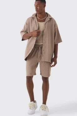 boohooMAN Short Sleeve Oversized Pleated Shirt & Short Set | UK| Sets & Co-Ords