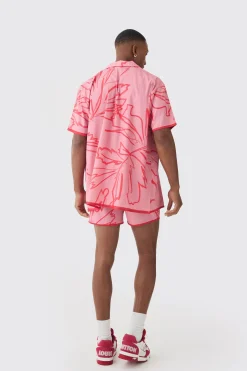 boohooMAN Short Sleeve Oversized Satin Tonal Palm Shirt & Short Set | UK| Sets & Co-Ords