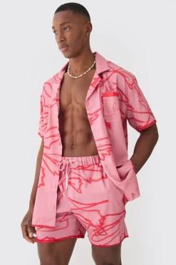 boohooMAN Short Sleeve Oversized Satin Tonal Palm Shirt & Short Set | UK| Sets & Co-Ords