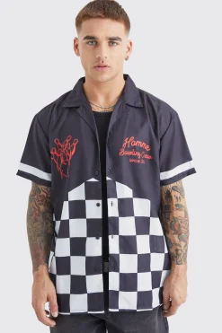 boohooMAN Short Sleeve Poplin Oversized Checkerboard Bowling Shirt | UK| Shirts