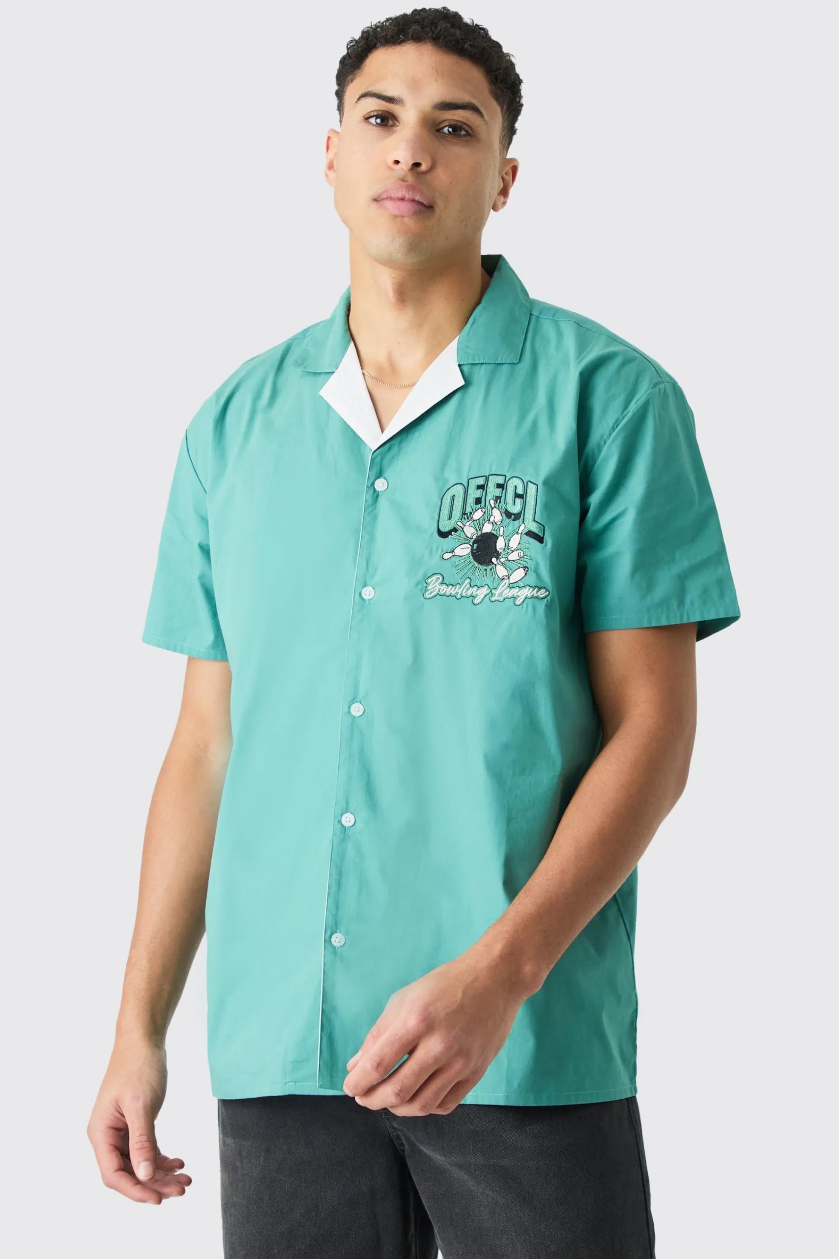 boohooMAN Short Sleeve Poplin Oversized Offcl Bowling Shirt | UK| Shirts