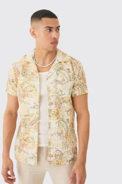 boohooMAN Short Sleeve Revere Linen Look Tapestry Print Shirt | UK| Shirts
