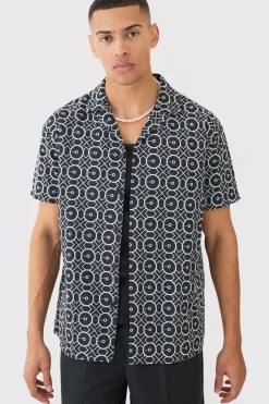 boohooMAN Short Sleeve Revere Oversized Embroidered Geo Shirt | UK| Shirts