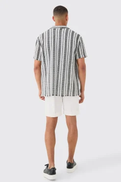 boohooMAN Short Sleeve Revere Oversized Open Knit Stripe Shirt | UK| Shirts