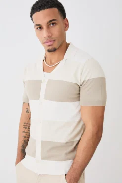 boohooMAN Short Sleeve Revere Stripe Knitted Shirt | UK| Shirts|Knitwear