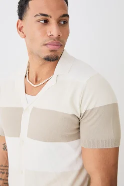 boohooMAN Short Sleeve Revere Stripe Knitted Shirt | UK| Shirts|Knitwear