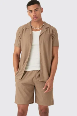 boohooMAN Short Sleeve Ribbed Shirt & Short Set | UK| Sets & Co-Ords