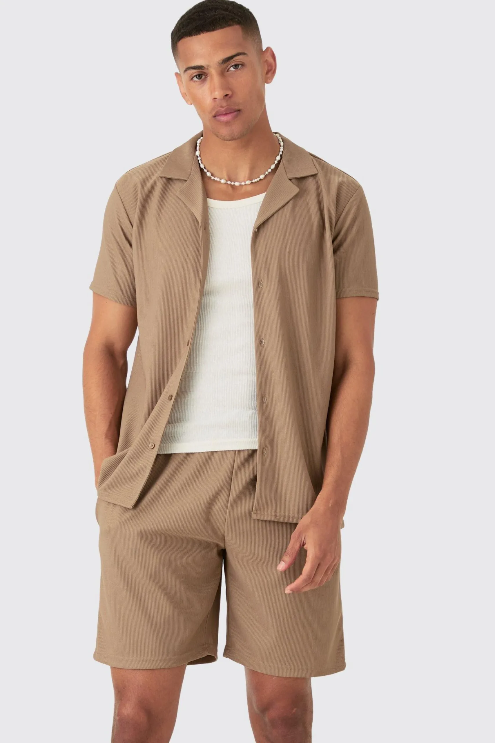 boohooMAN Short Sleeve Ribbed Shirt & Short Set | UK| Sets & Co-Ords