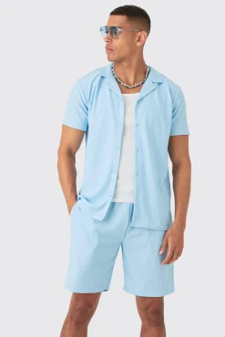boohooMAN Short Sleeve Ribbed Shirt & Short Set | UK| Sets & Co-Ords