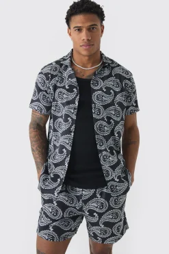 boohooMAN Short Sleeve Satin Mini Paisley Shirt & Short | UK| Sets & Co-Ords