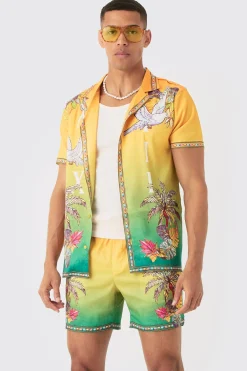 boohooMAN Short Sleeve Satin Ombre Palm Shirt & Short | UK| Sets & Co-Ords