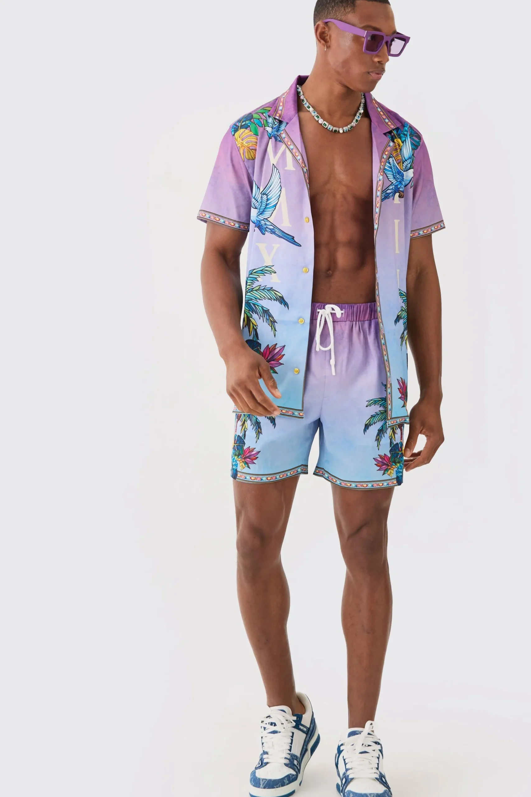 boohooMAN Short Sleeve Satin Ombre Palm Shirt & Short | UK| Sets & Co-Ords