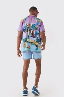 boohooMAN Short Sleeve Satin Ombre Palm Shirt & Short | UK| Sets & Co-Ords