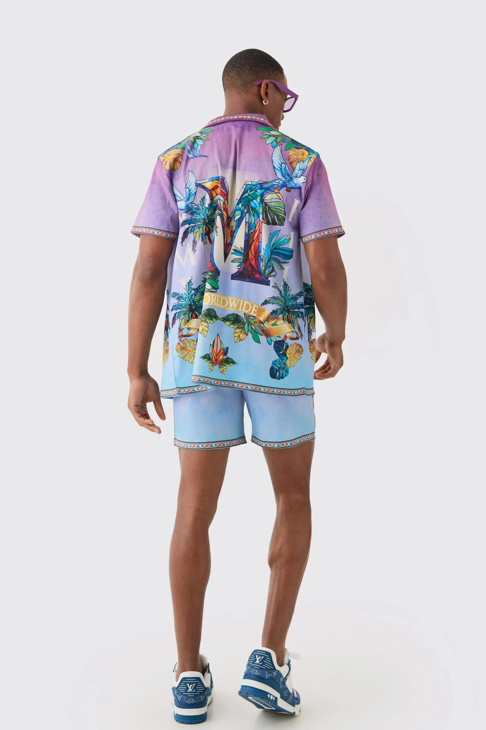 boohooMAN Short Sleeve Satin Ombre Palm Shirt & Short | UK| Sets & Co-Ords