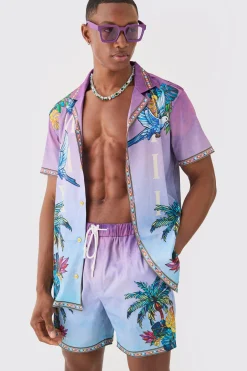 boohooMAN Short Sleeve Satin Ombre Palm Shirt & Short | UK| Sets & Co-Ords