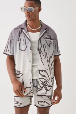 boohooMAN Short Sleeve Satin Oversized Ombre Floral Shirt & Short | UK| Sets & Co-Ords