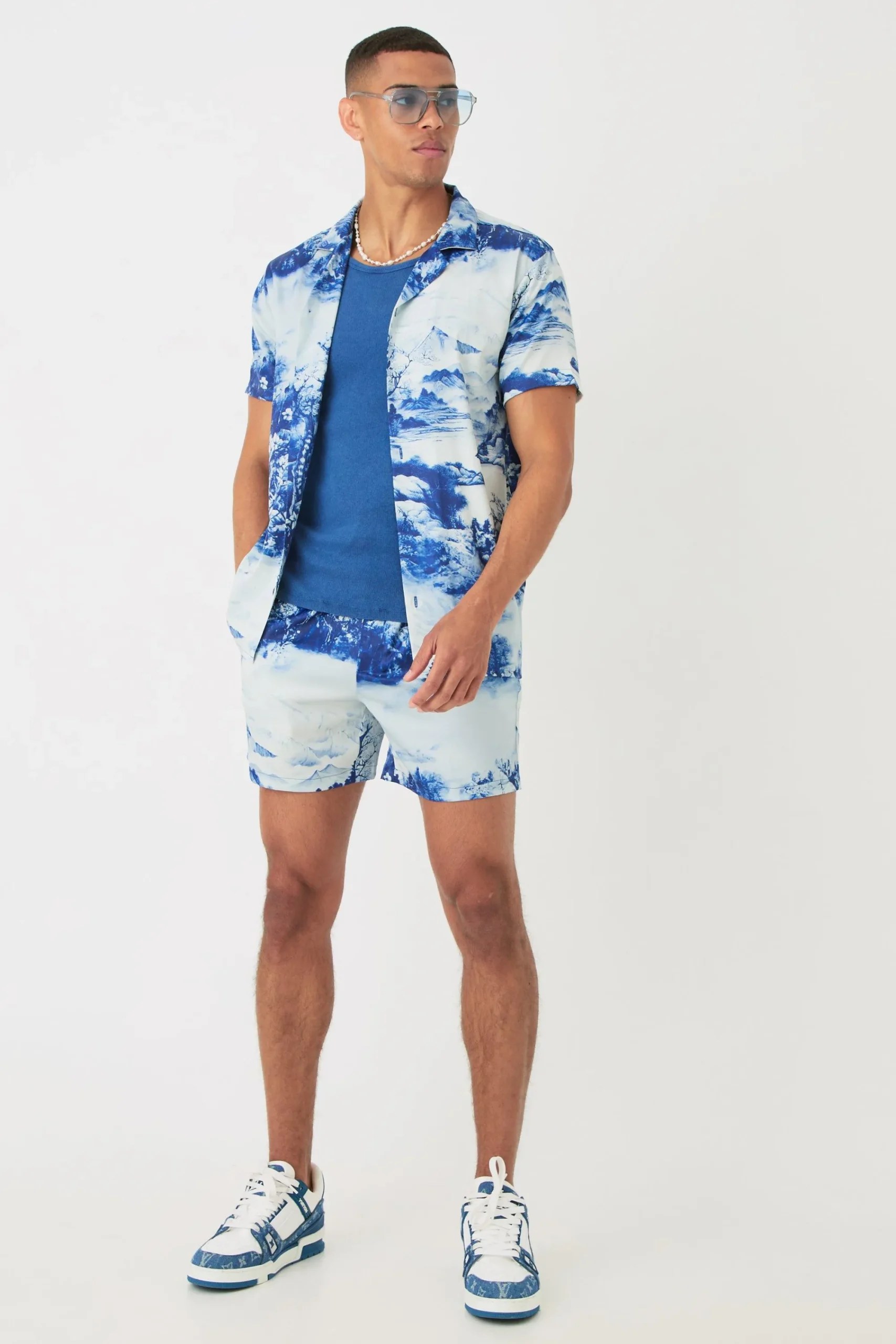 boohooMAN Short Sleeve Satin Tile Shirt & Short | UK| Sets & Co-Ords