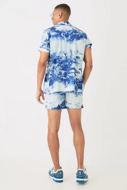 boohooMAN Short Sleeve Satin Tile Shirt & Short | UK| Sets & Co-Ords