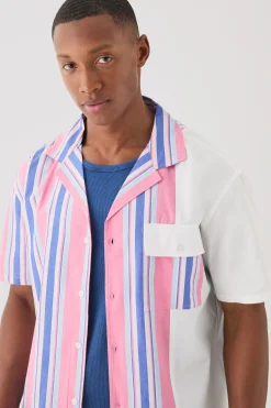 boohooMAN Short Sleeve Spliced Stripe Shirt | UK| Shirts