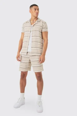 boohooMAN Short Sleeve Textured Stripe Shirt & Short Set | UK| Sets & Co-Ords