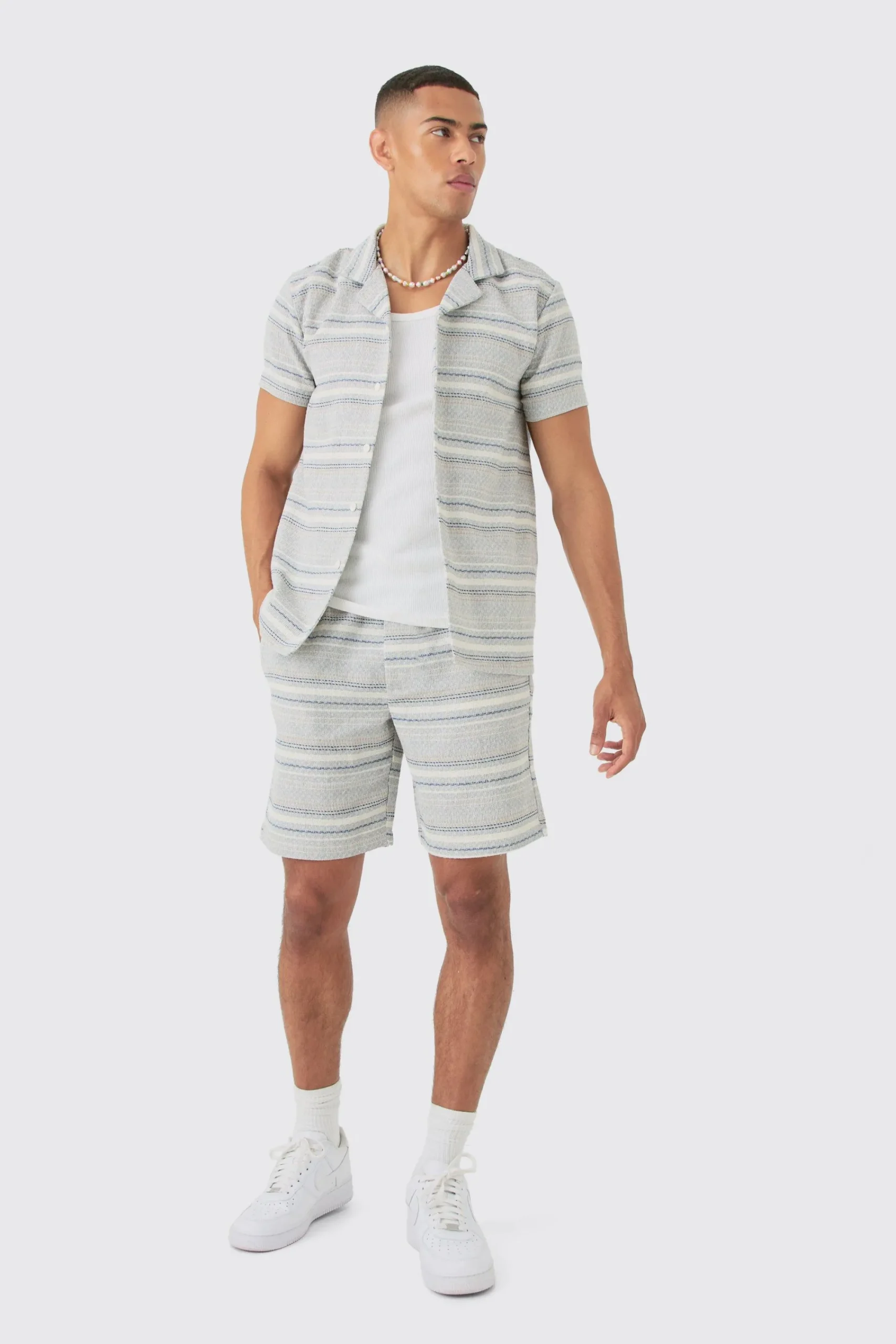 boohooMAN Short Sleeve Textured Stripe Shirt & Short Set | UK| Sets & Co-Ords