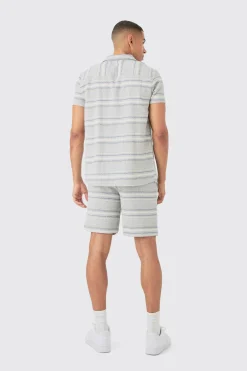 boohooMAN Short Sleeve Textured Stripe Shirt & Short Set | UK| Sets & Co-Ords