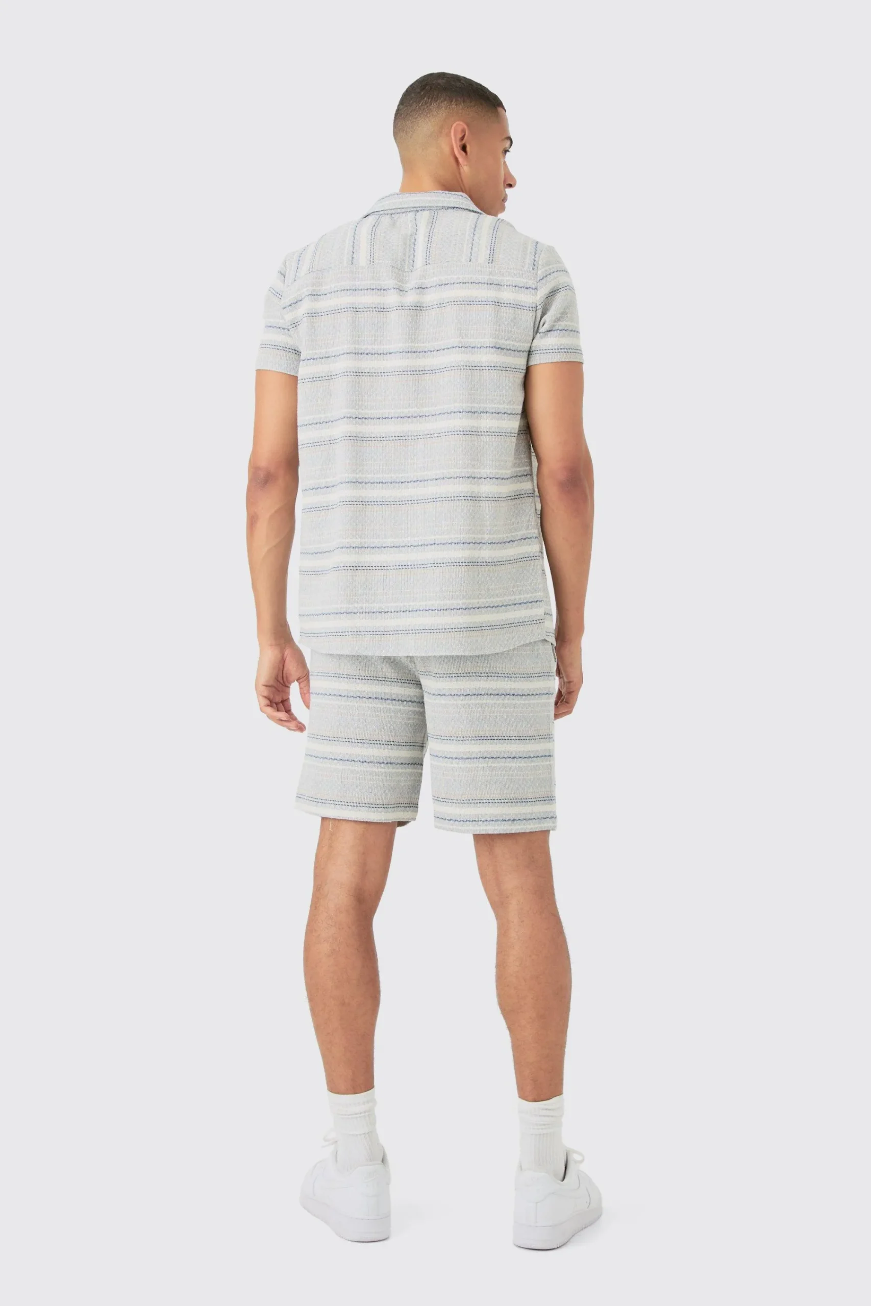 boohooMAN Short Sleeve Textured Stripe Shirt & Short Set | UK| Sets & Co-Ords