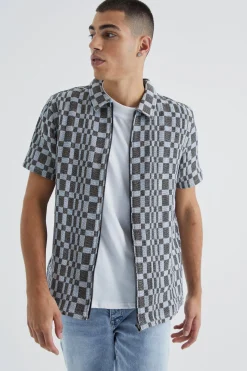 boohooMAN Short Sleeve Zip Through Space Dye Check Overshirt | UK| Shirts