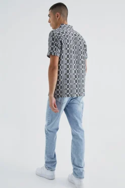 boohooMAN Short Sleeve Zip Through Space Dye Check Overshirt | UK| Shirts