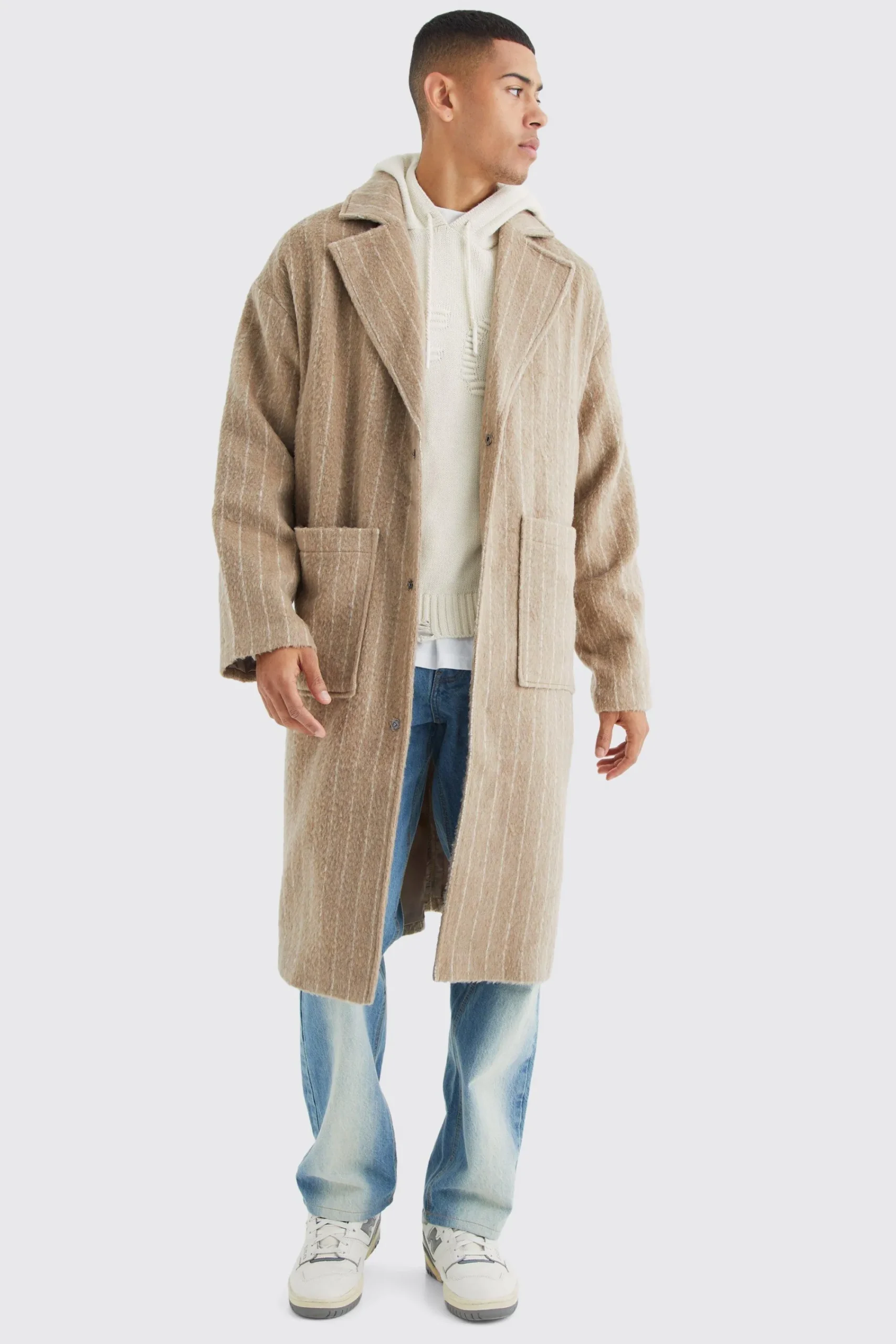 boohooMAN Single Breasted Brushed Stripe Overcoat | UK| Coats & Jackets