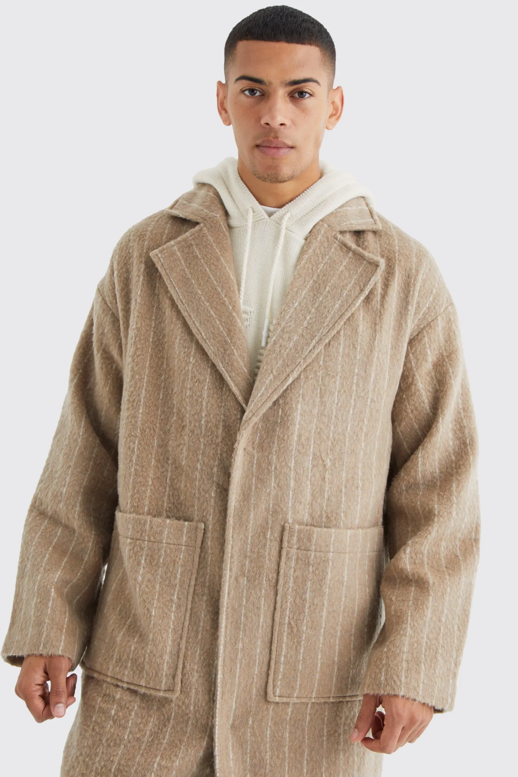 boohooMAN Single Breasted Brushed Stripe Overcoat | UK| Coats & Jackets