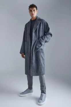 boohooMAN Single Breasted Brushed Stripe Overcoat | UK| Coats & Jackets