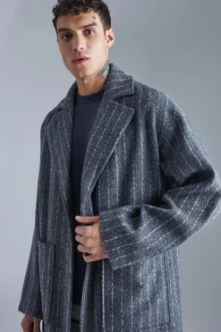 boohooMAN Single Breasted Brushed Stripe Overcoat | UK| Coats & Jackets
