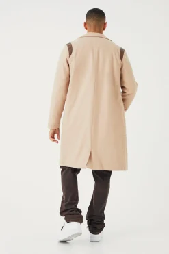 boohooMAN Single Breasted Melton Overcoat With Pu | UK| Coats & Jackets