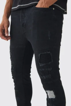 boohooMAN Skinny Fit Biker Ripped Patchwork Jeans | UK| Trousers|Jeans