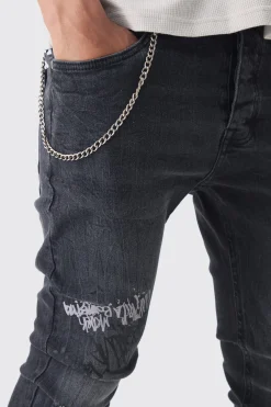 boohooMAN Skinny Fit Graffiti Ripped Jeans With Chain | UK| Trousers|Jeans