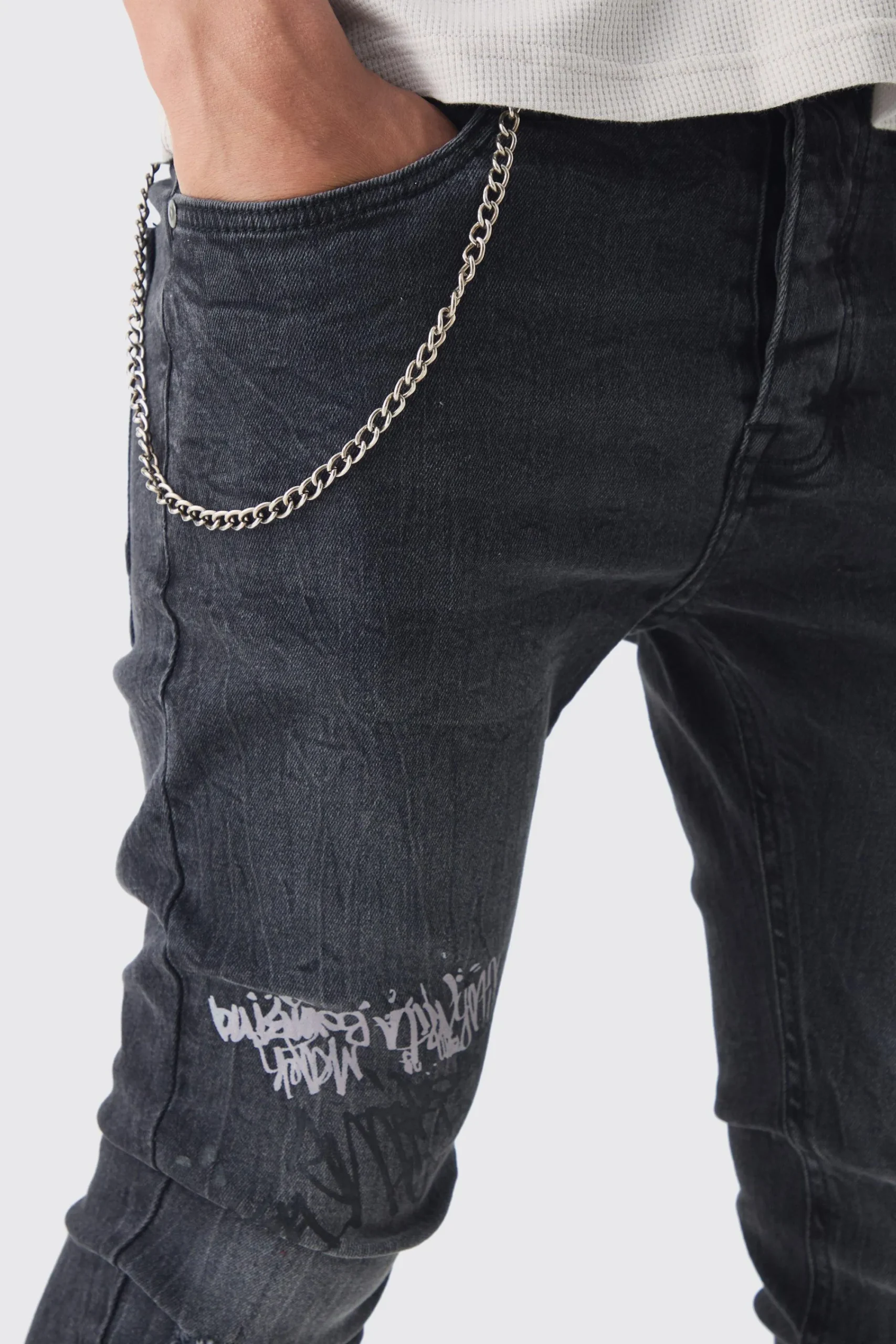 boohooMAN Skinny Fit Graffiti Ripped Jeans With Chain | UK| Trousers|Jeans