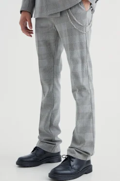 boohooMAN Skinny Flare Pow Check Trouser With Chain | UK| Trousers