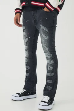 boohooMAN Skinny Flared Ripped Stitch Detail Paint Splatter Jeans | UK| Trousers|Jeans