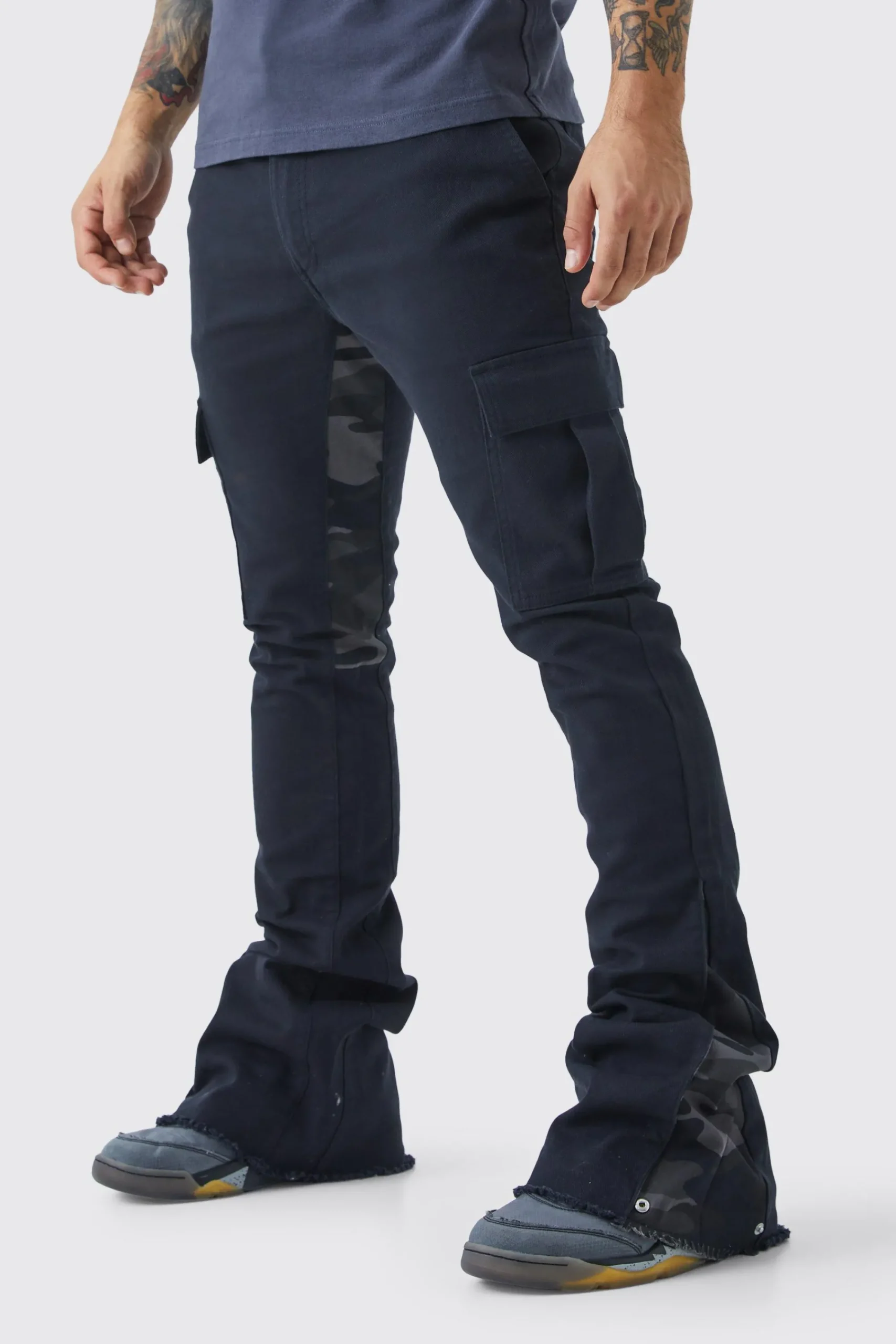 boohooMAN Skinny Stacked Flare Camo Gusset Cargo Trouser | UK| Trousers|Cargos