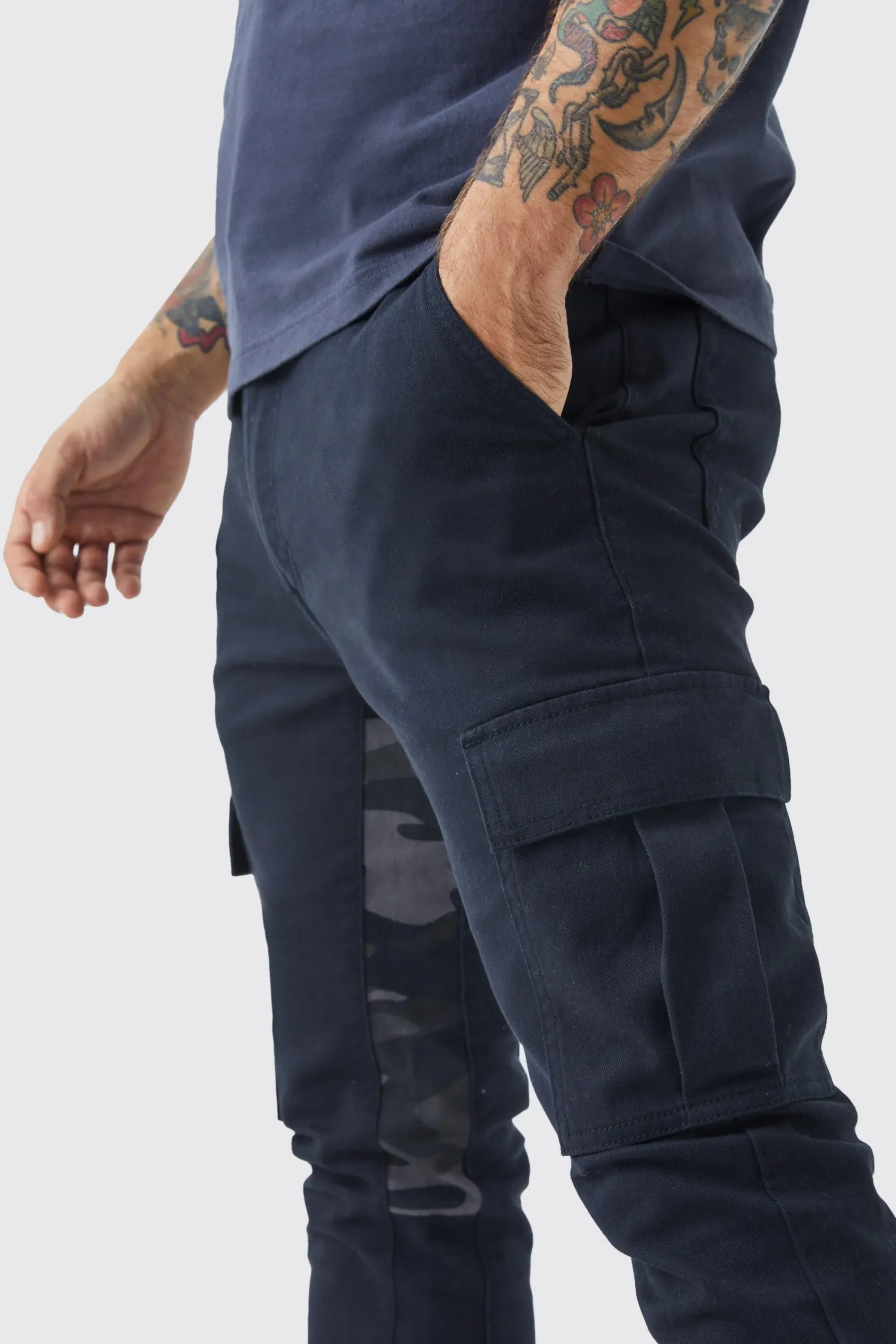 boohooMAN Skinny Stacked Flare Camo Gusset Cargo Trouser | UK| Trousers|Cargos