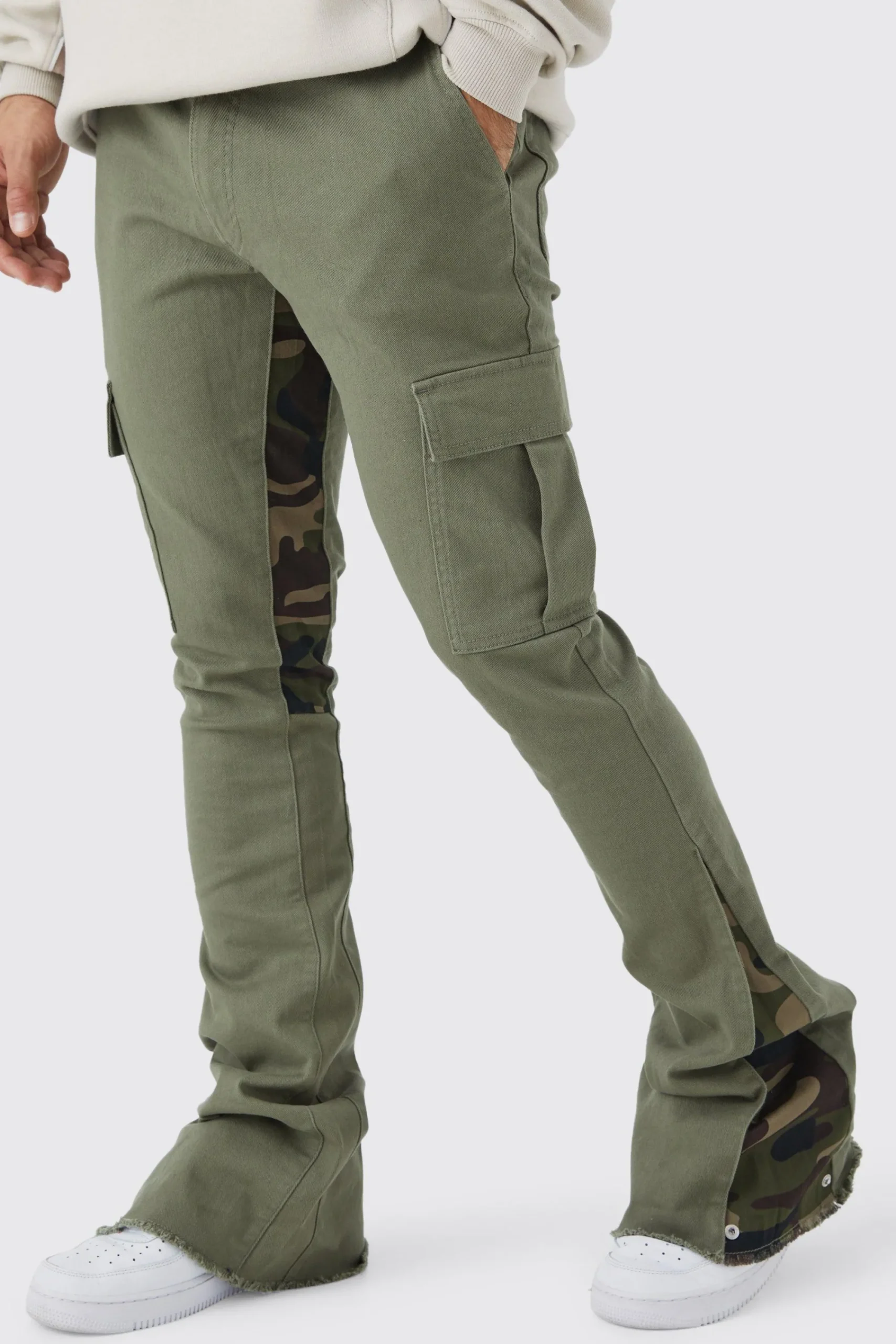 boohooMAN Skinny Stacked Flare Camo Gusset Cargo Trouser | UK| Trousers|Cargos