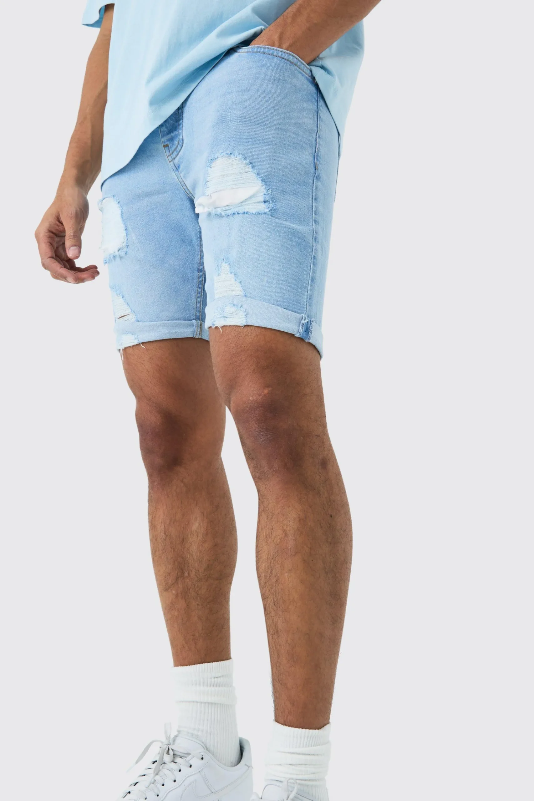 boohooMAN Skinny Stretch Distressed Denim Shorts In | UK| Shorts